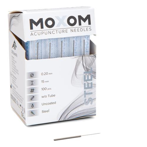 Acupuncture needles with steel handle, uncoated - MOXOM Steel - 0.20 x 15 mm (without tube) 100 needles, 1022120, Uncoated Acupuncture Needles